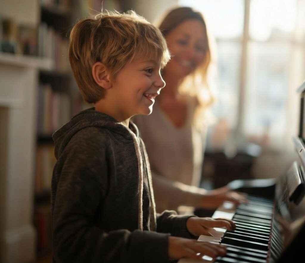 East Cobb student enjoying a piano lesson at home near Sope Creek Elementary — Marietta, GA