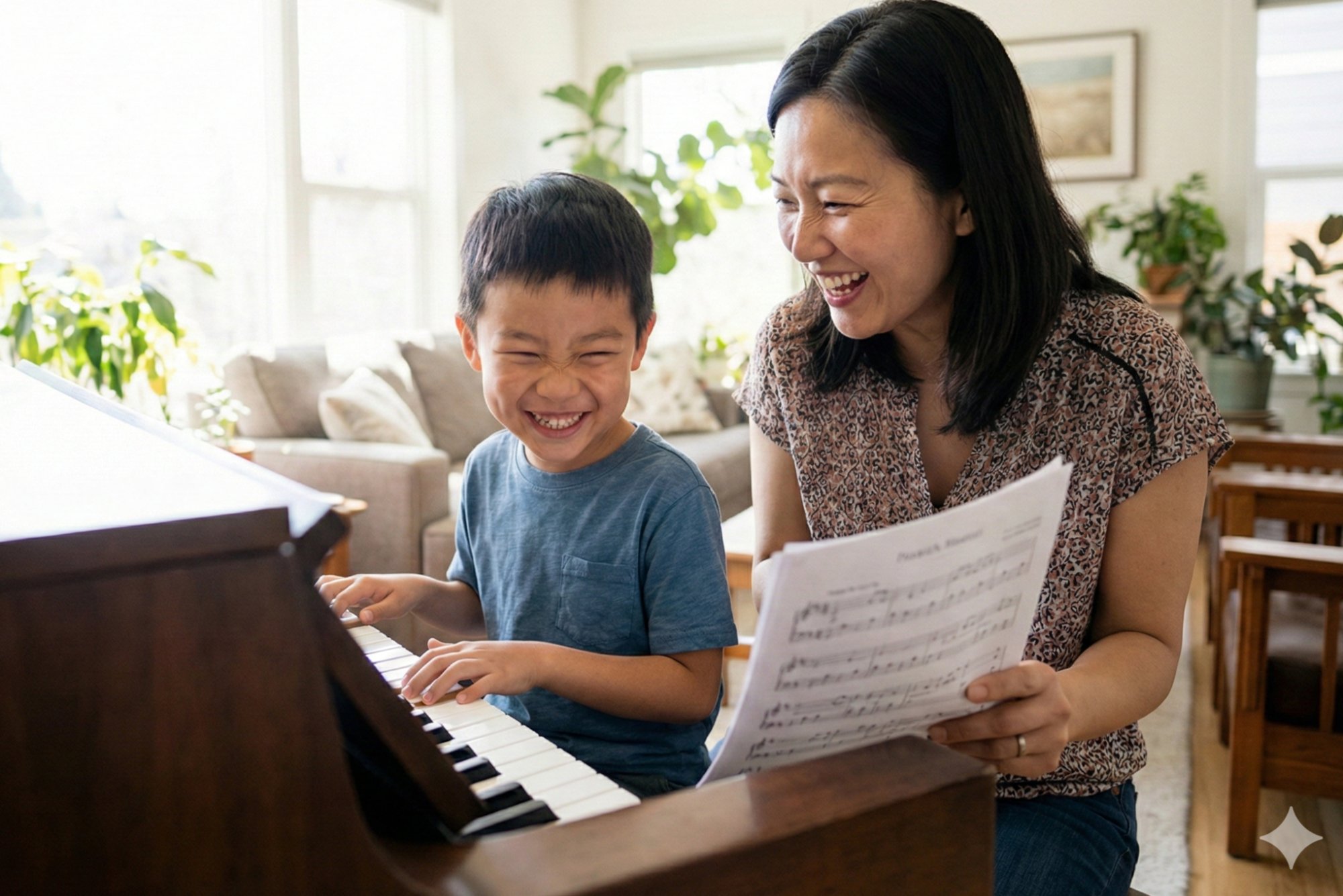 Homeschool student laughing during a weekday in-home piano lesson in Roswell, GA
