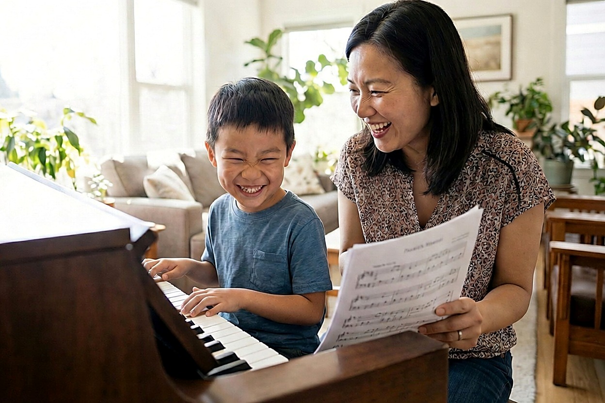 Mother and son laughing together at the piano during an in-home lesson in East Cobb