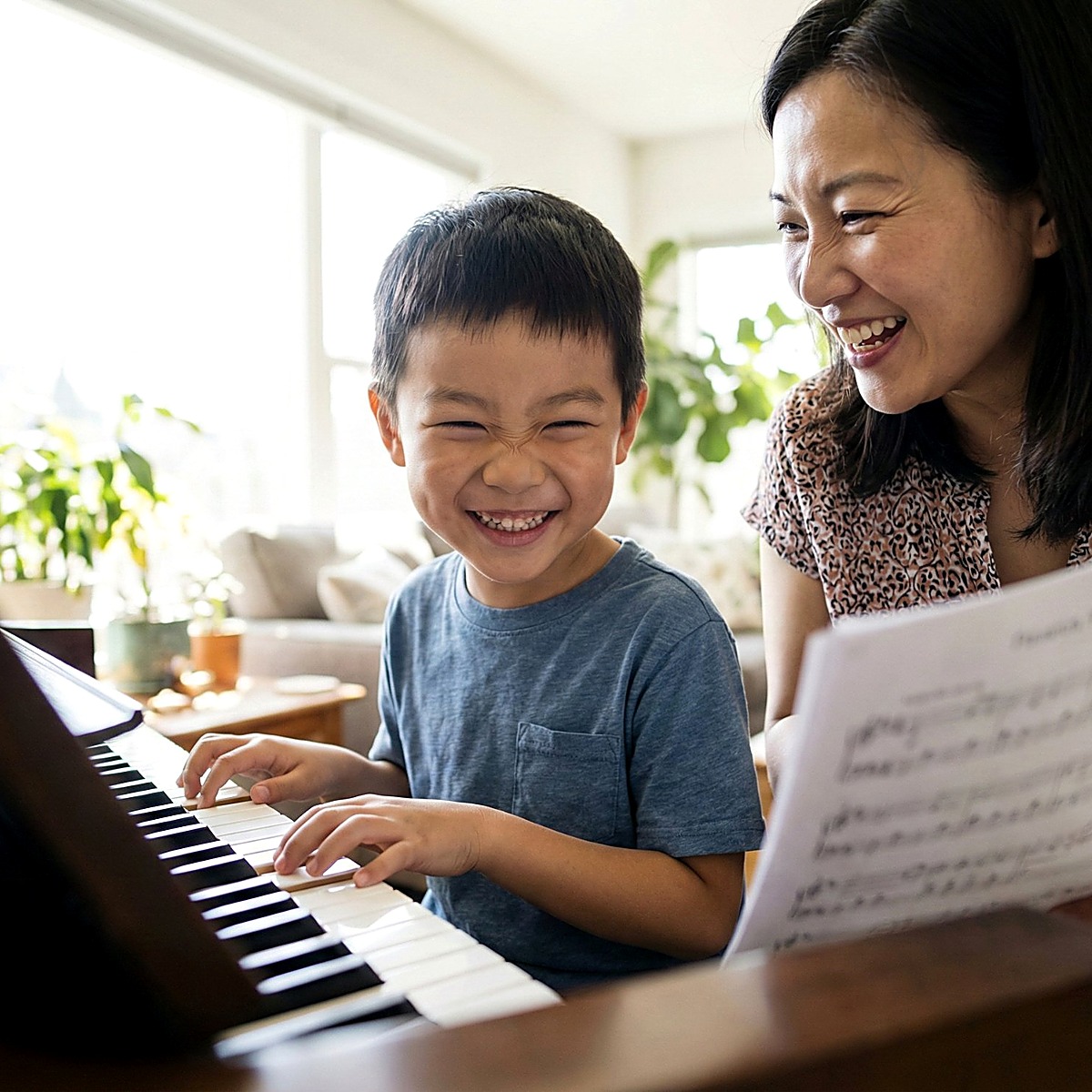Child enjoying a relaxed in-home piano lesson in East Cobb