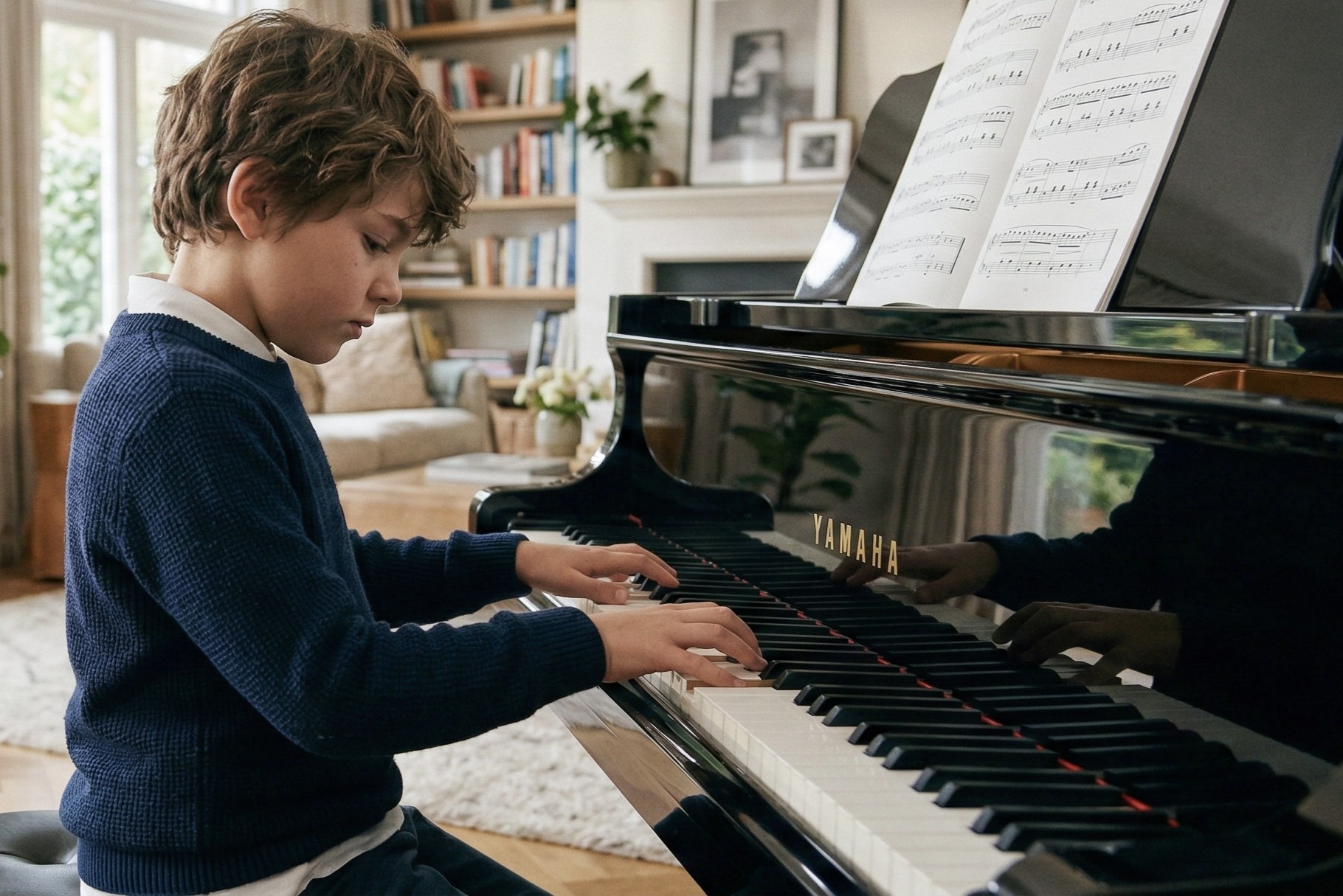 Young student practicing piano at home in Roswell, GA