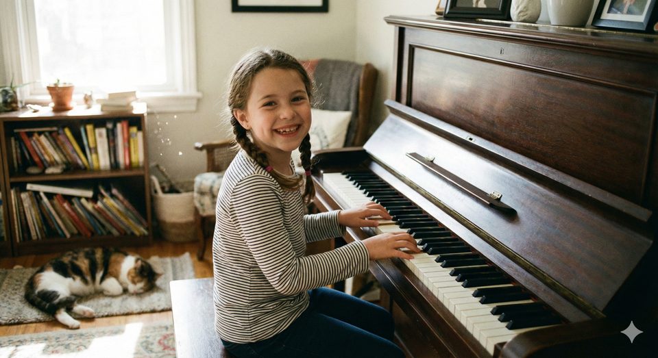 Beginning piano student developing independent practice skills