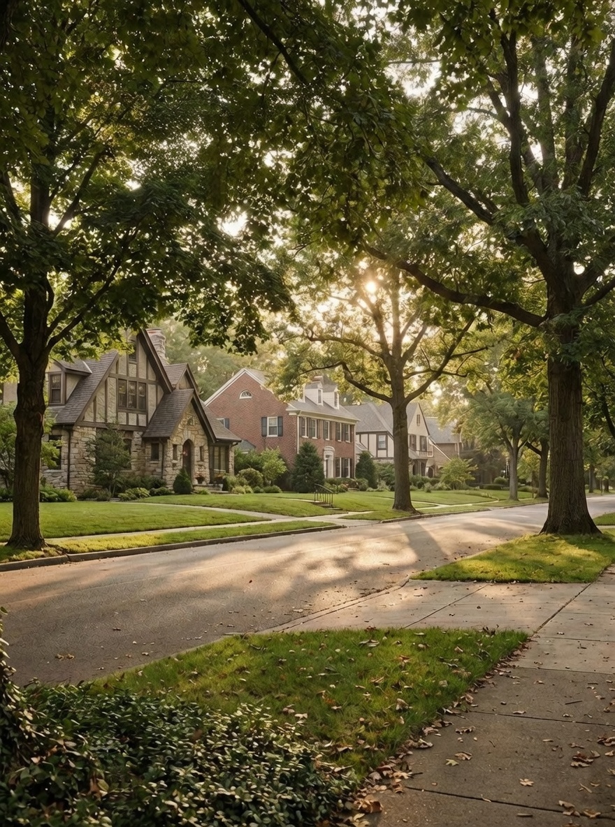 Tree-lined residential street in Roswell, GA &mdash; in-home piano lessons eliminate the commute