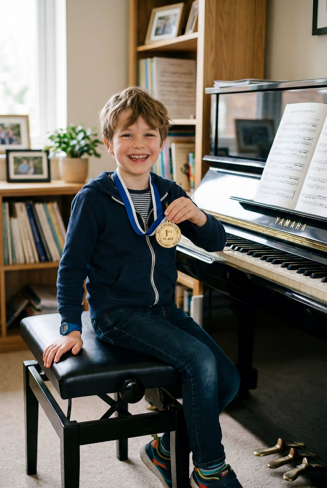 Murdock Elementary student holding a first place piano medal beside a Yamaha upright — in-home lessons in East Cobb